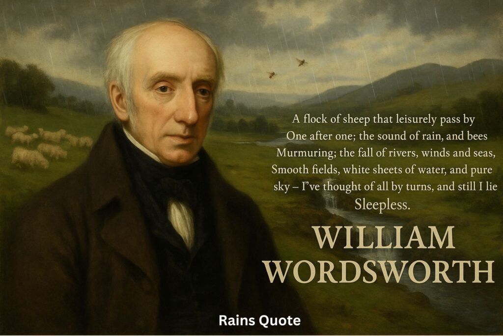 A flock of sheep that leisurely pass by
One after one; the sound of rain, and bees
Murmuring; the fall of rivers, winds and seas,
Smooth fields, white sheets of water, and pure sky –
I’ve thought of all by turns, and still I lie
Sleepless.