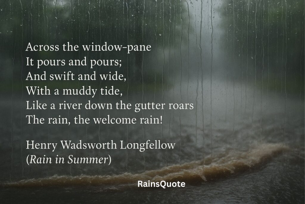 Across the window-pane
It pours and pours;
And swift and wide,
With a muddy tide,
Like a river down the gutter roars
The rain, the welcome rain!