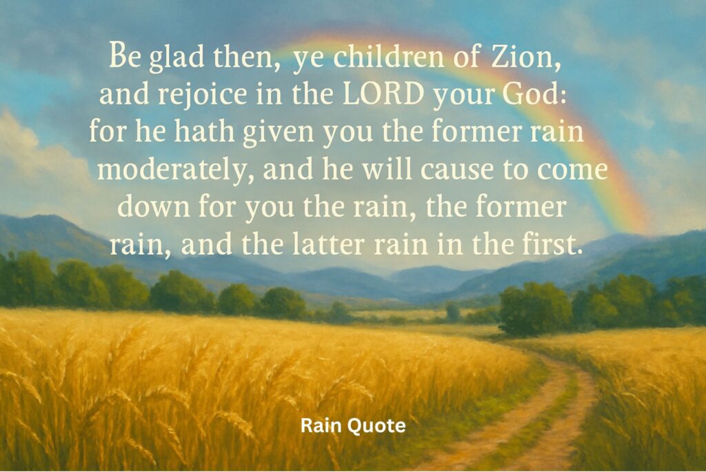 “Be glad then, ye children of Zion, and rejoice in the LORD your God: for he hath given you the former rain moderately, and he will cause to come down for you the rain, the former rain, and the latter rain in the first.”