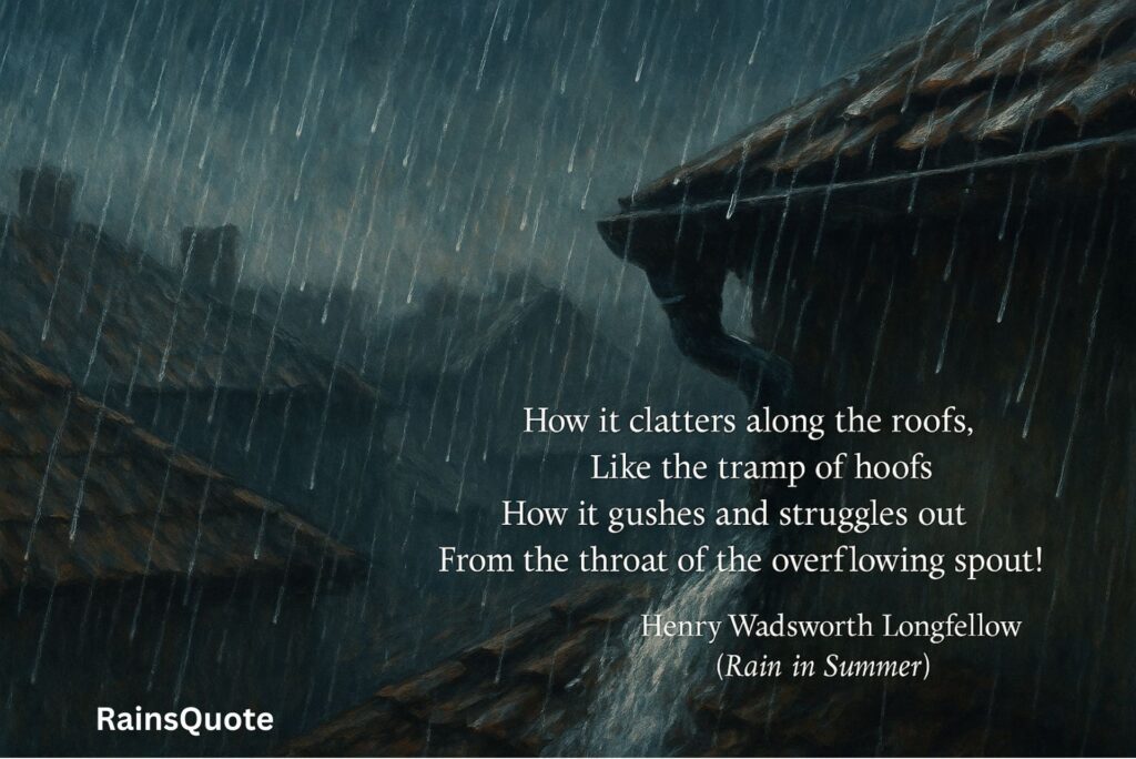 How it clatters along the roofs,
Like the tramp of hoofs
How it gushes and struggles out
From the throat of the overflowing spout!