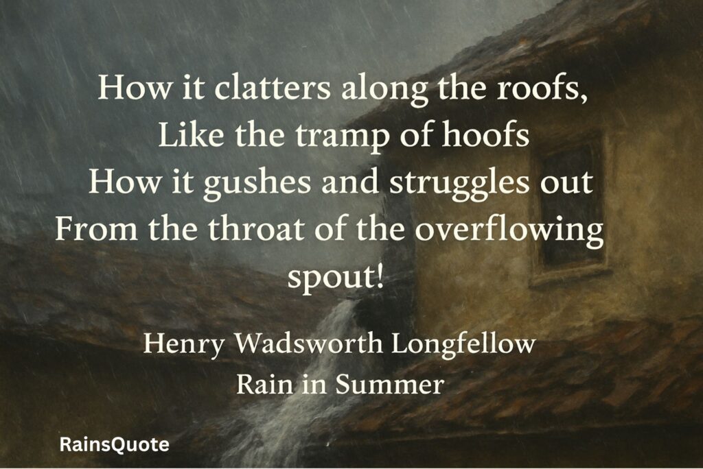 How it clatters along the roofs,
Like the tramp of hoofs
How it gushes and struggles out
From the throat of the overflowing spout!