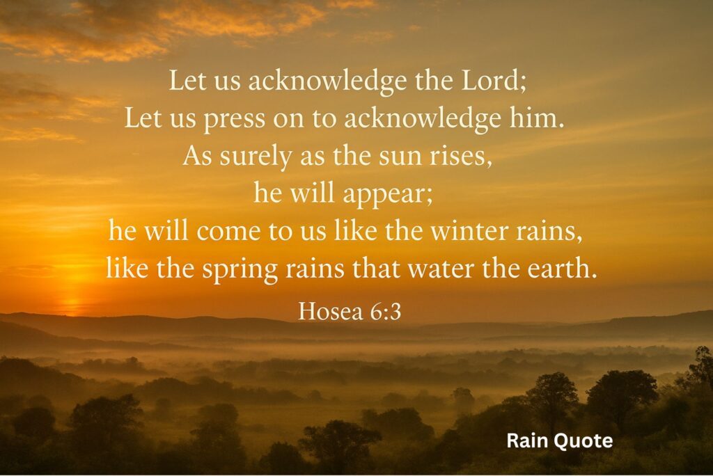 “Let us acknowledge the Lord;
Let us press on to acknowledge him.
As surely as the sun rises,
he will appear;
he will come to us like the winter rains,
like the spring rains that water the earth.”