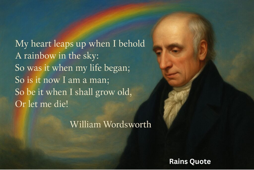 “My heart leaps up when I behold
A rainbow in the sky:
So was it when my life began;
So is it now I am a man;
So be it when I shall grow old,
Or let me die!”