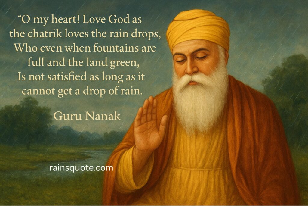 “O my heart! Love God as the chatrik loves the rain drops,
Who even when fountains are full and the land green,
Is not satisfied as long as it cannot get a drop of rain.”