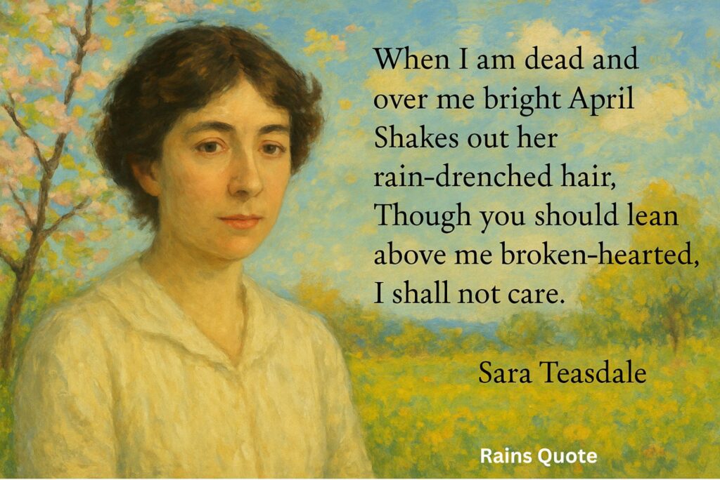 “When I am dead and over me bright April
Shakes out her rain-drenched hair,
Though you should lean above me broken-hearted,
I shall not care.“