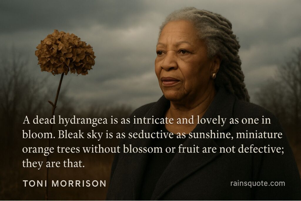“A dead hydrangea is as intricate and lovely as one in bloom. Bleak sky is as seductive as sunshine, miniature orange trees without blossom or fruit are not defective; they are that.”