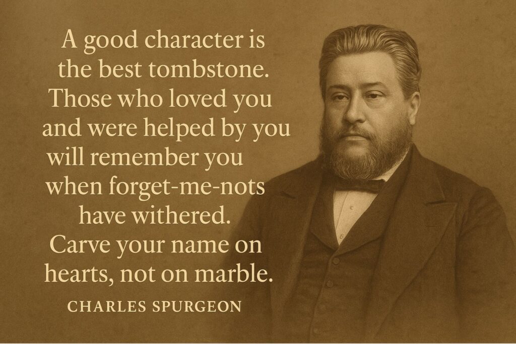 “A good character is the best tombstone. Those who loved you and were helped by you will remember you when forget-me-nots have withered. Carve your name on hearts, not on marble.”