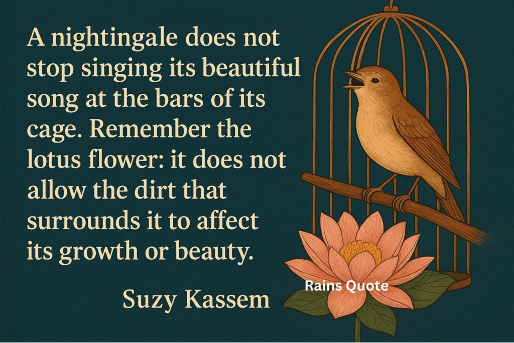 โA nightingale does not stop singing its beautiful song at the bars of its cage. Remember the lotus flower: it does not allow the dirt that surrounds it to affect its growth or beauty.โ