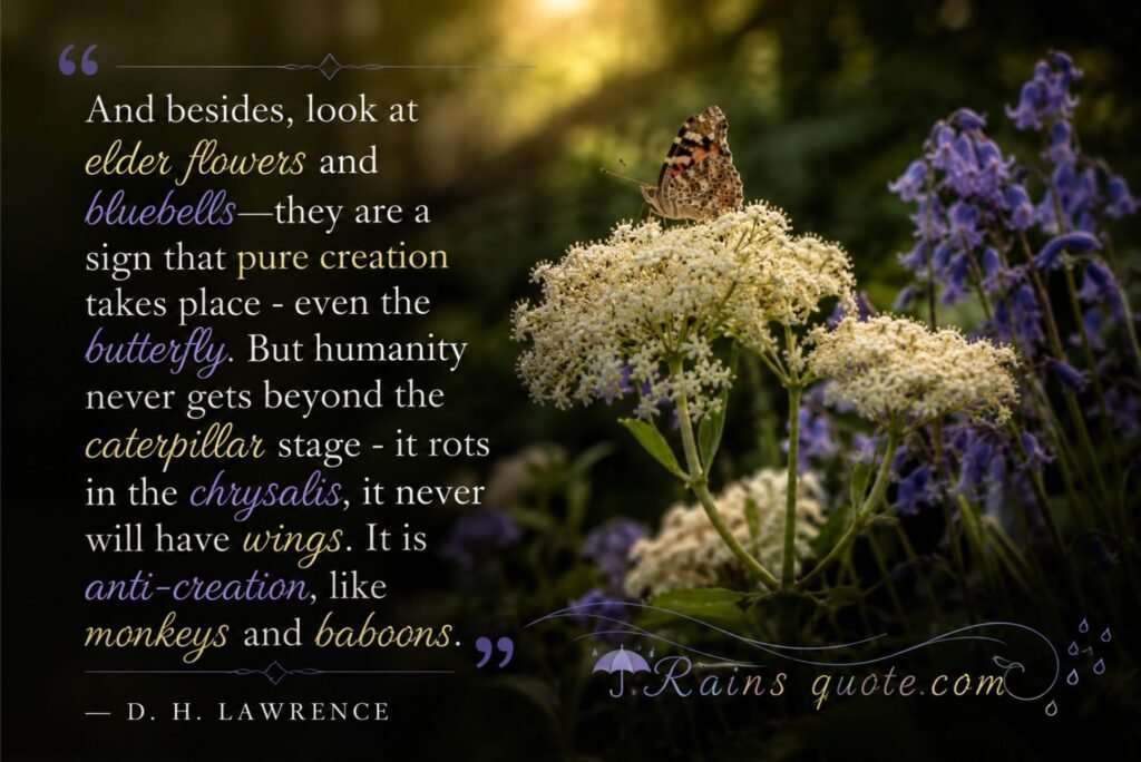 “And besides, look at elder flowers and bluebells—they are a sign that pure creation takes place - even the butterfly. But humanity never gets beyond the caterpillar stage - it rots in the chrysalis, it never will have wings. It is anti-creation, like monkeys and baboons.”