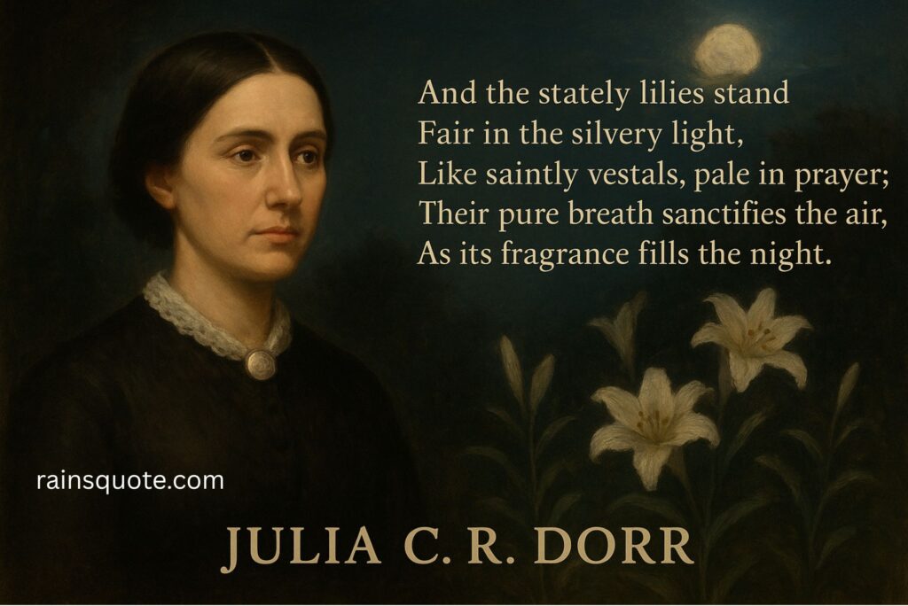 “And the stately lilies stand
Fair in the silvery light,
Like saintly vestals, pale in prayer;
Their pure breath sanctifies the air,
As its fragrance fills the night.”