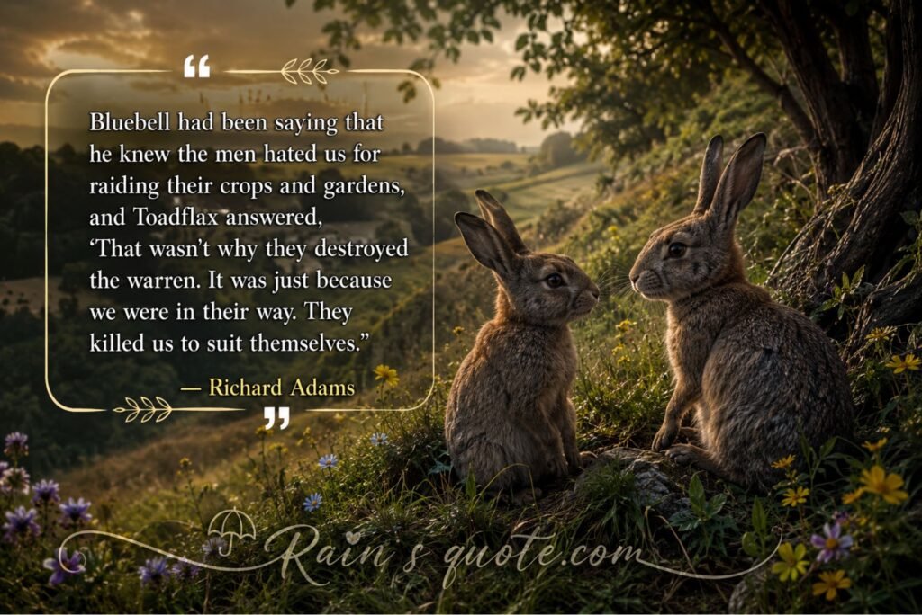 “Bluebell had been saying that he knew the men hated us for raiding their crops and gardens, and Toadflax answered, 'That wasn't why they destroyed the warren. It was just because we were in their way. They killed us to suit themselves.”