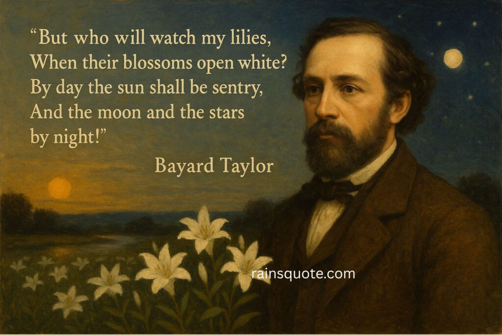 “But who will watch my lilies,
When their blossoms open white?
By day the sun shall be sentry,
And the moon and the stars by night!”