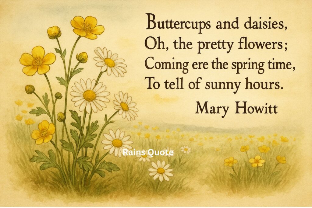 “Buttercups and daisies, Oh, the pretty flowers;
Coming ere the spring time, To tell of sunny hours.”