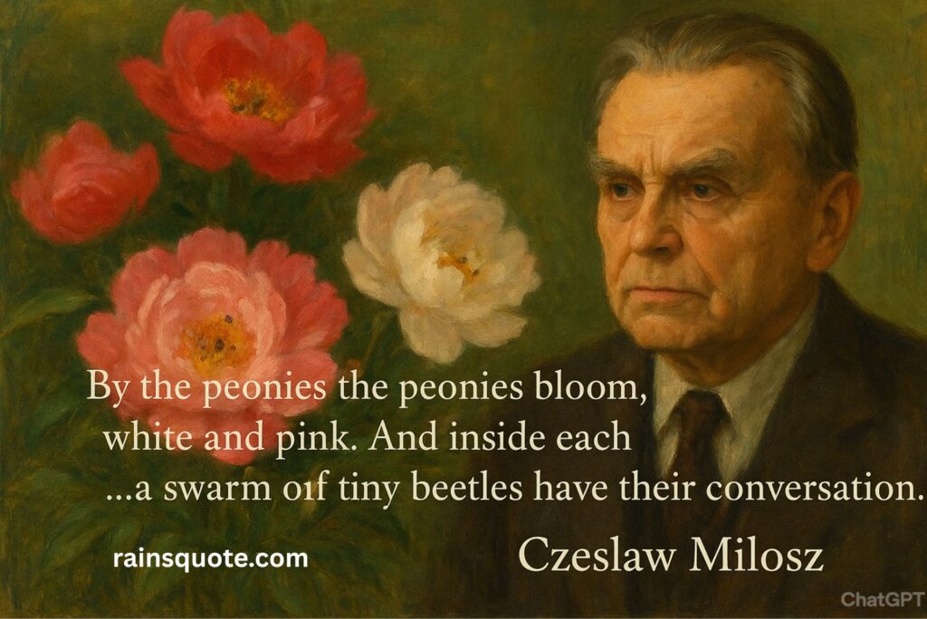 “By the peonies the peonies bloom, white and pink. And inside each … a swarm of tiny beetles have their conversation.”