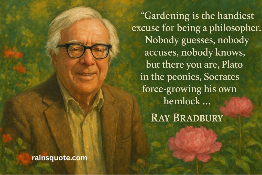 .“Gardening is the handiest excuse for being a philosopher. Nobody guesses, nobody accuses, nobody knows, but there you are, Plato in the peonies, Socrates force-growing his own hemlock …”