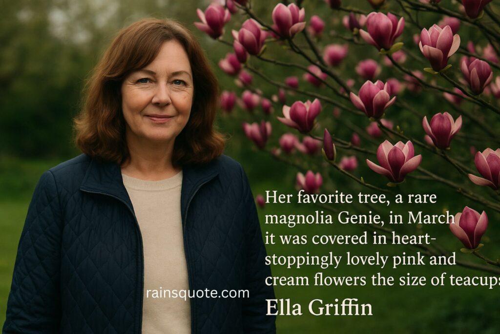 “Her favorite tree, a rare magnolia Genie, in March it was covered in heart-stoppingly lovely pink and cream flowers the size of teacups.”