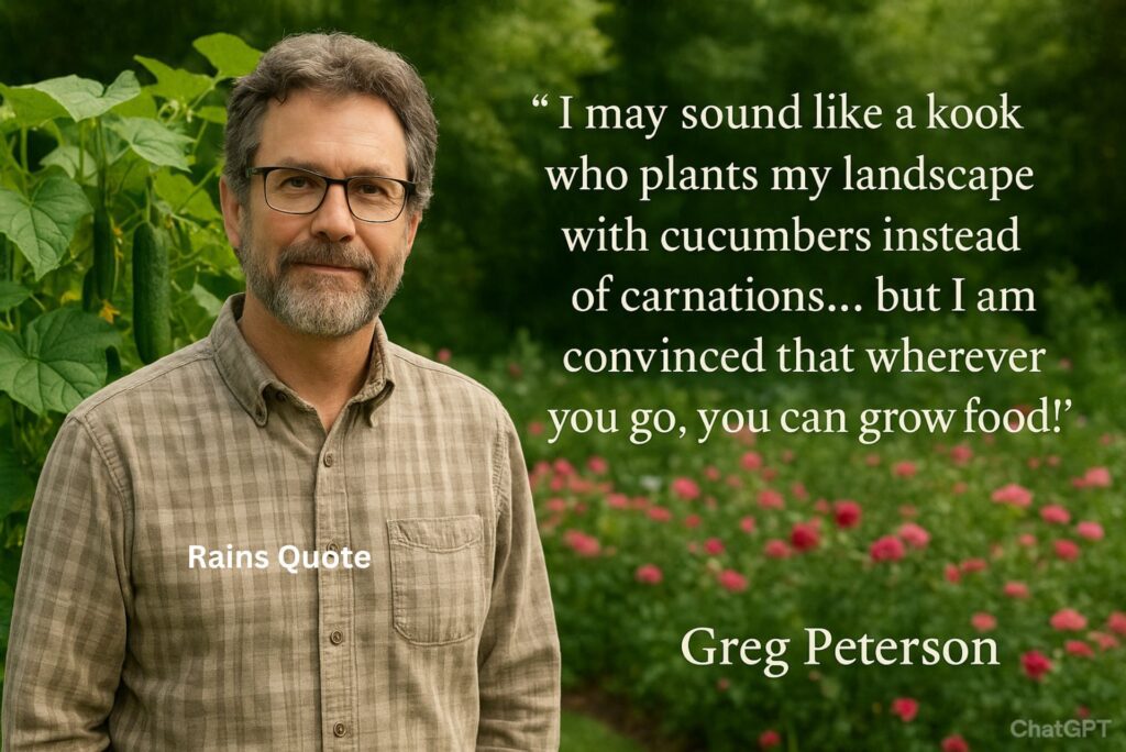 “I may sound like a kook who plants my landscape with cucumbers instead of carnations… but I am convinced that wherever you go, you can grow food!”