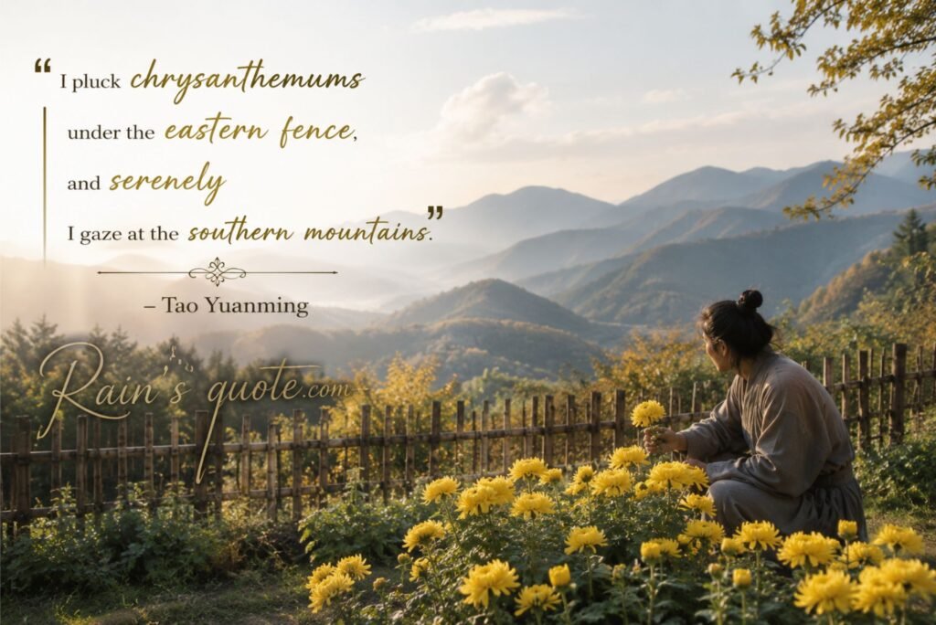 “I pluck chrysanthemums under the eastern fence, and serenely I gaze at the southern mountains.”