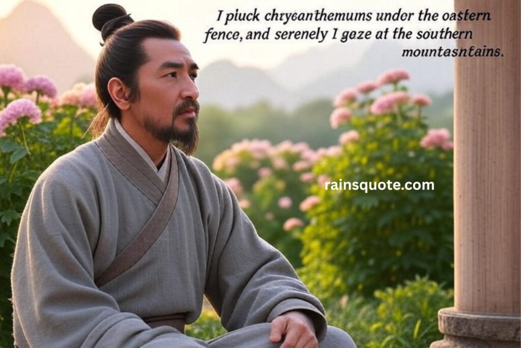 “I pluck chrysanthemums under the eastern fence, and serenely I gaze at the southern mountains.”