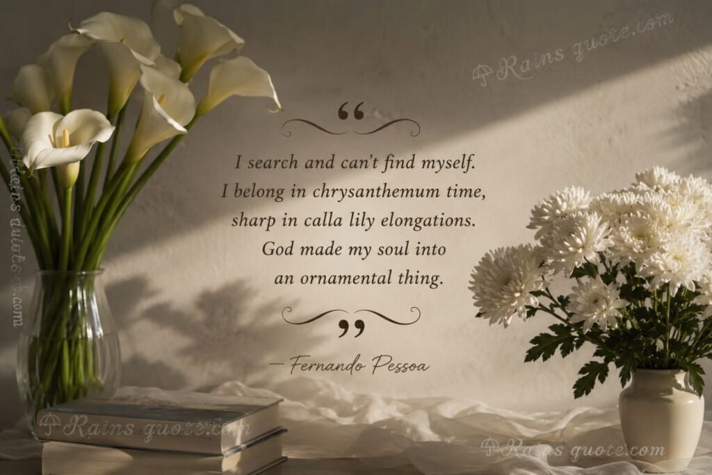 “I search and can’t find myself. I belong in chrysanthemum time, sharp in calla lily elongations. God made my soul into an ornamental thing.”