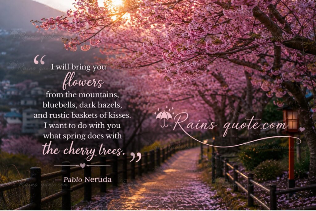 “I will bring you flowers from the mountains, bluebells, dark hazels, and rustic baskets of kisses. I want to do with you what spring does with the cherry trees.”
