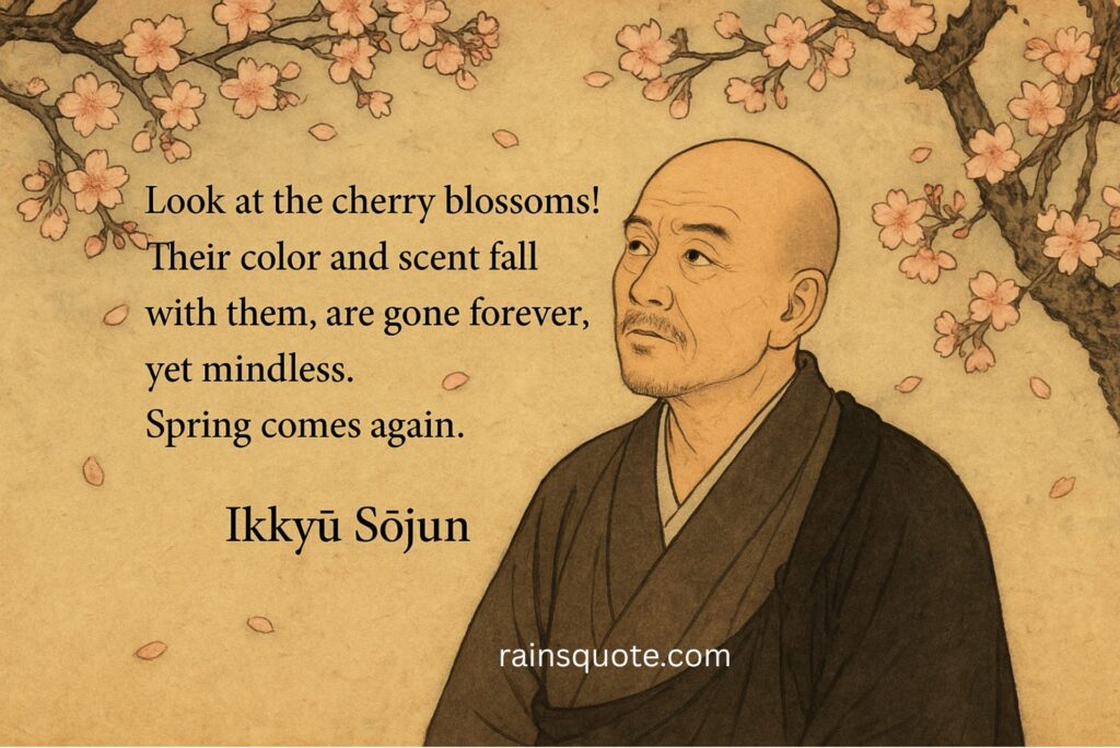 “Look at the cherry blossoms! Their color and scent fall with them, are gone forever, yet mindless. Spring comes again.”