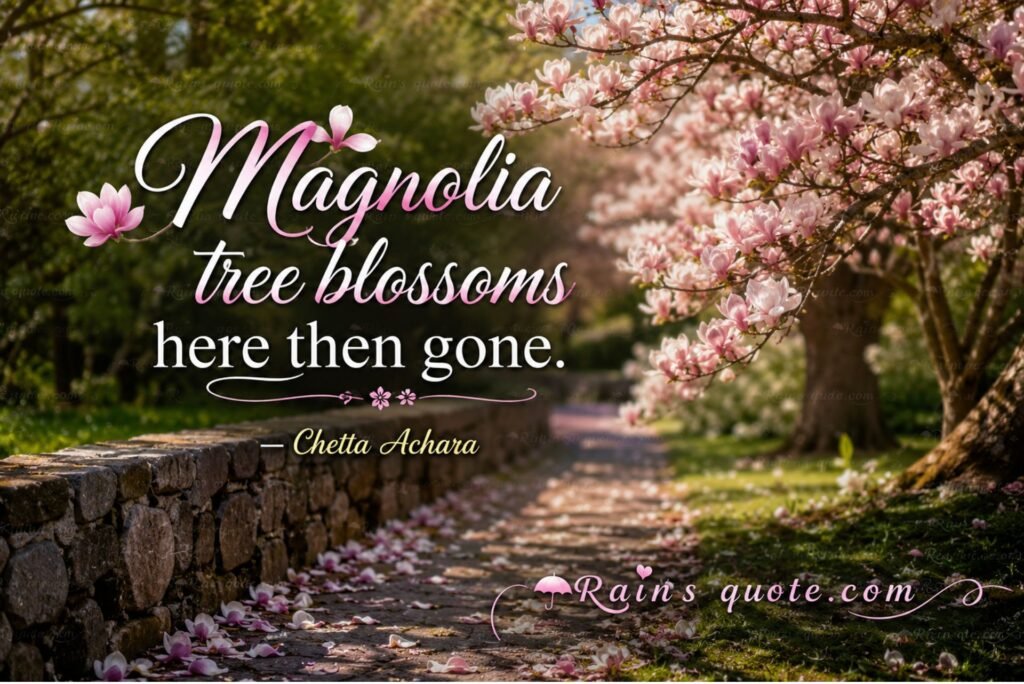 “Magnolia tree blossoms here then gone.”