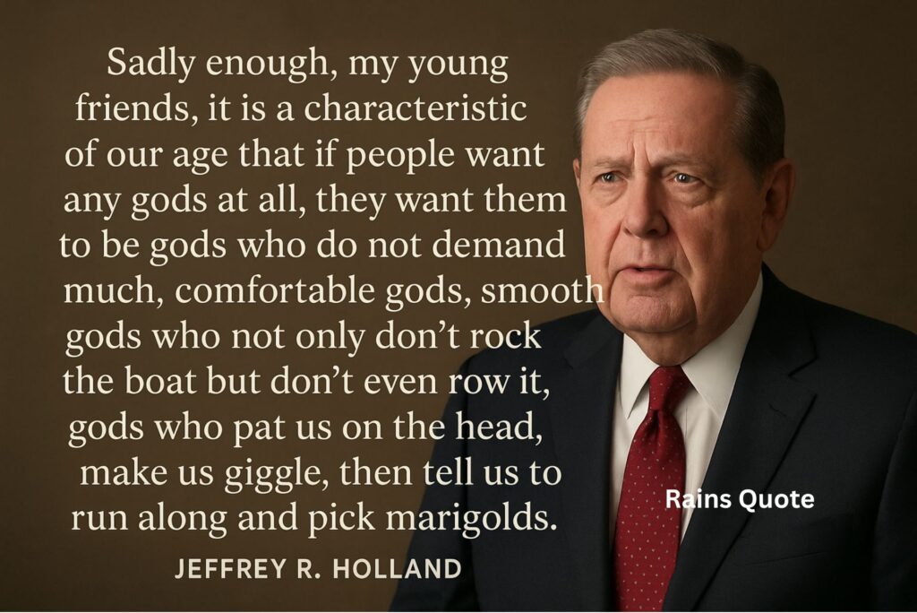 “Sadly enough, my young friends, it is a characteristic of our age that if people want any gods at all, they want them to be gods who do not demand much, comfortable gods, smooth gods who not only don’t rock the boat but don’t even row it, gods who pat us on the head, make us giggle, then tell us to run along and pick marigolds.”