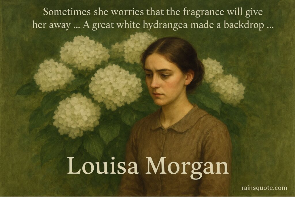“Sometimes she worries that the fragrance will give her away … A great white hydrangea made a backdrop …”