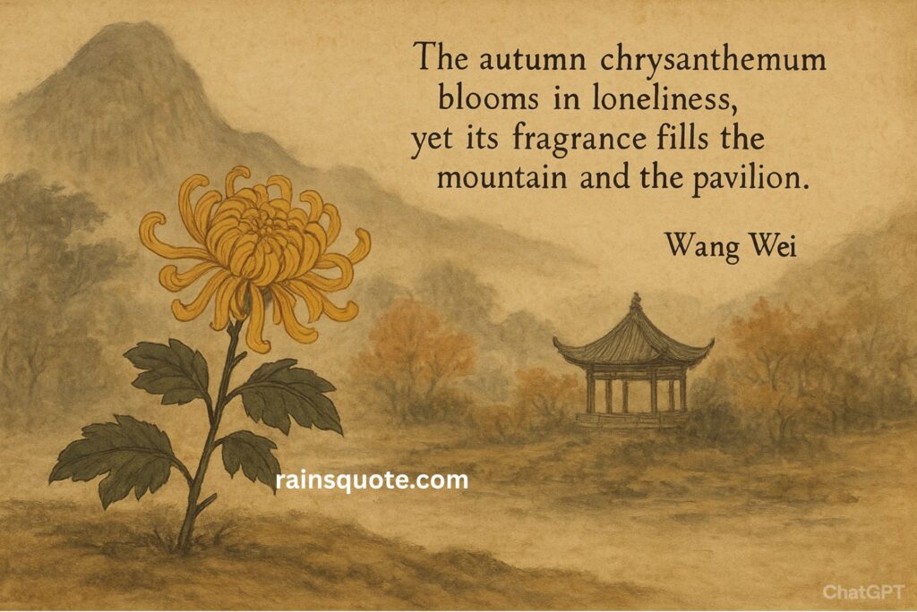 “The autumn chrysanthemum blooms in loneliness, yet its fragrance fills the mountain and the pavilion.”