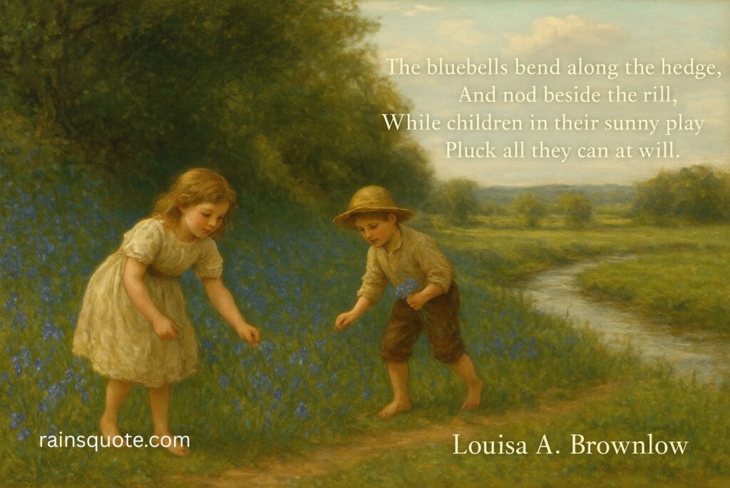 “The bluebells bend along the hedge,
And nod beside the rill,
While children in their sunny play
Pluck all they can at will.”