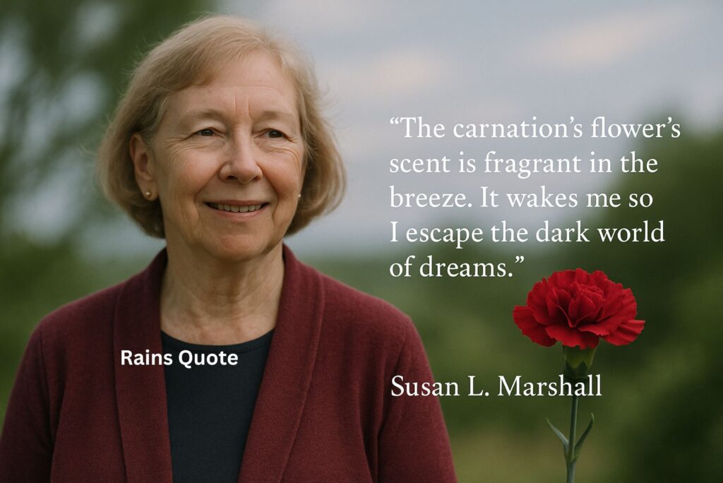 “The carnation’s flower’s scent is fragrant in the breeze. It wakes me so I escape the dark world of dreams.”
