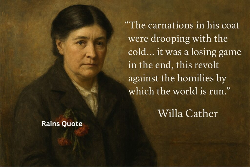 “The carnations in his coat were drooping with the cold… it was a losing game in the end, this revolt against the homilies by which the world is run.”