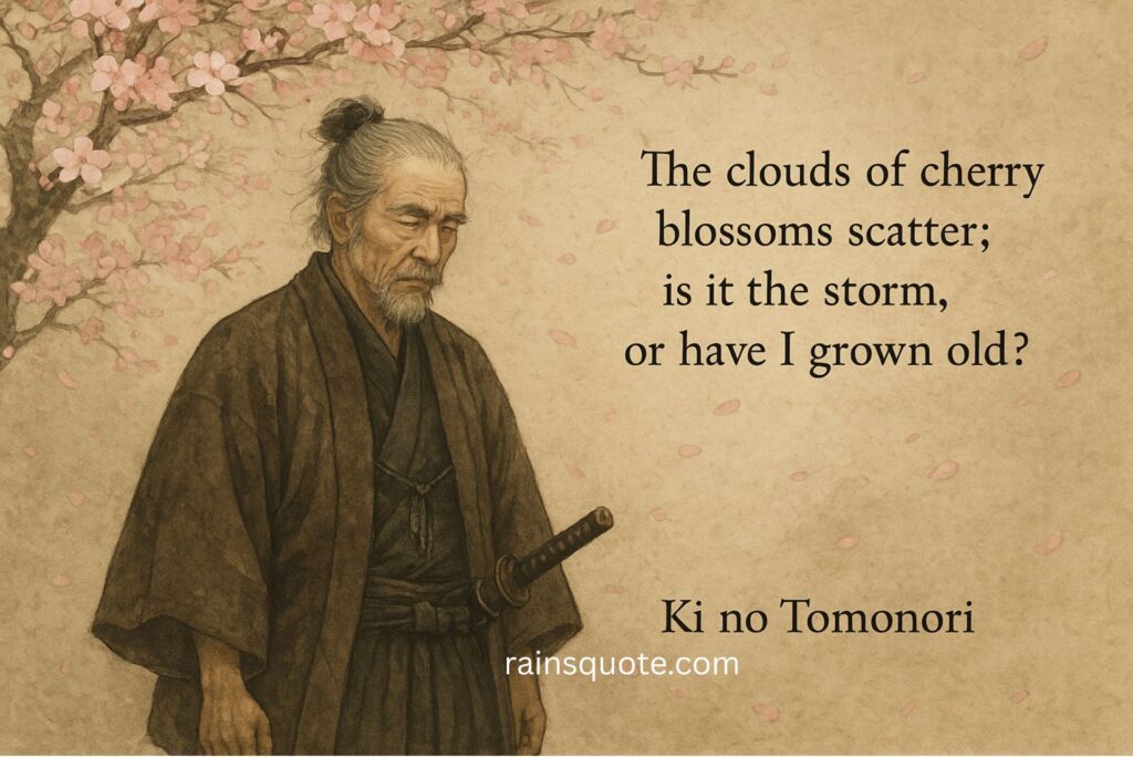 “The clouds of cherry blossoms scatter; is it the storm, or have I grown old?”