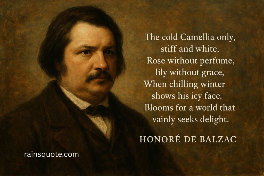 āThe cold Camellia only, stiff and white, / Rose without perfume, lily without grace, / When chilling winter shows his icy face, / Blooms for a world that vainly seeks delight.ā