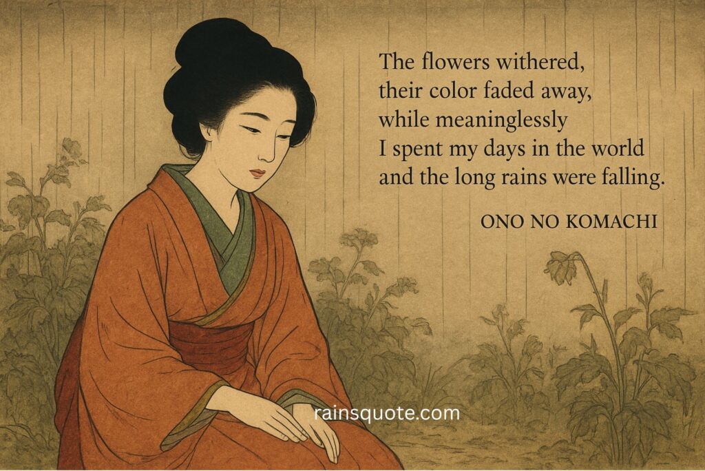 “The flowers withered, their color faded away, while meaninglessly I spent my days in the world and the long rains were falling.”