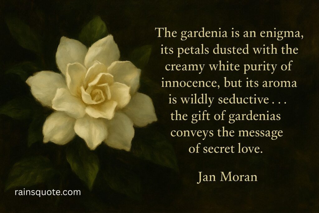 “The gardenia is an enigma, its petals dusted with the creamy white purity of innocence, but its aroma is wildly seductive… the gift of gardenias conveys the message of secret love.”