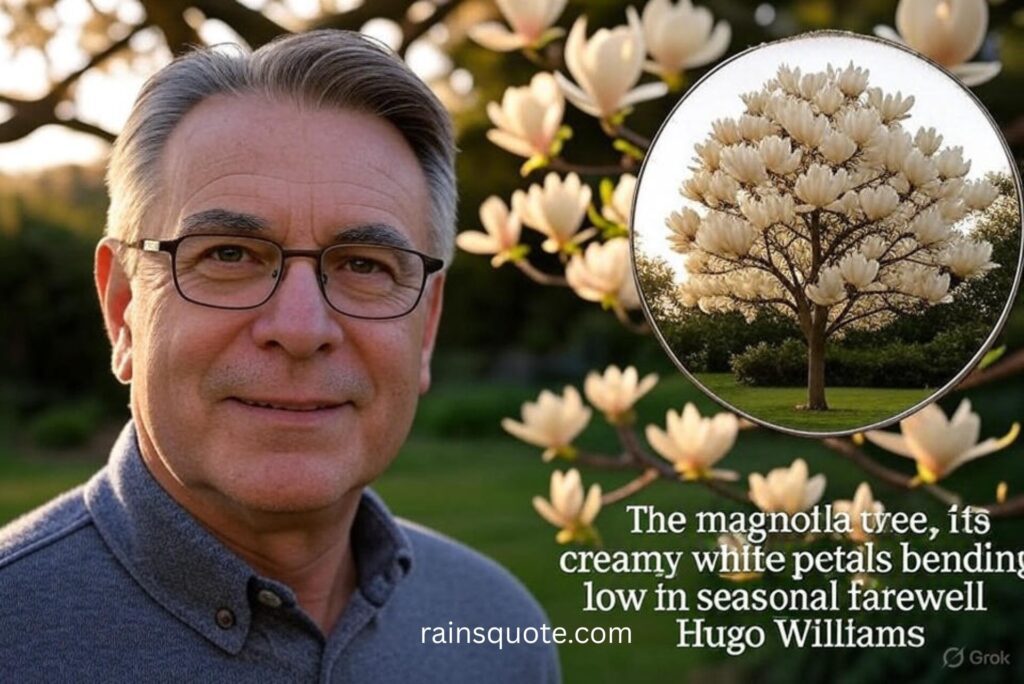 “The magnolia tree, its creamy white petals bending low in seasonal farewell.”