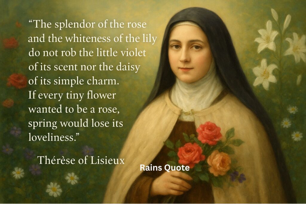 “The splendor of the rose and the whiteness of the lily do not rob the little violet of its scent nor the daisy of its simple charm. If every tiny flower wanted to be a rose, spring would lose its loveliness.”