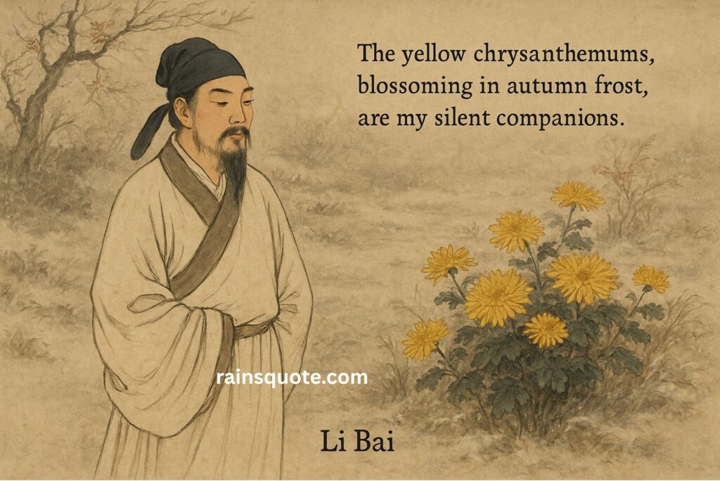“The yellow chrysanthemums, blossoming in autumn frost, are my silent companions.”