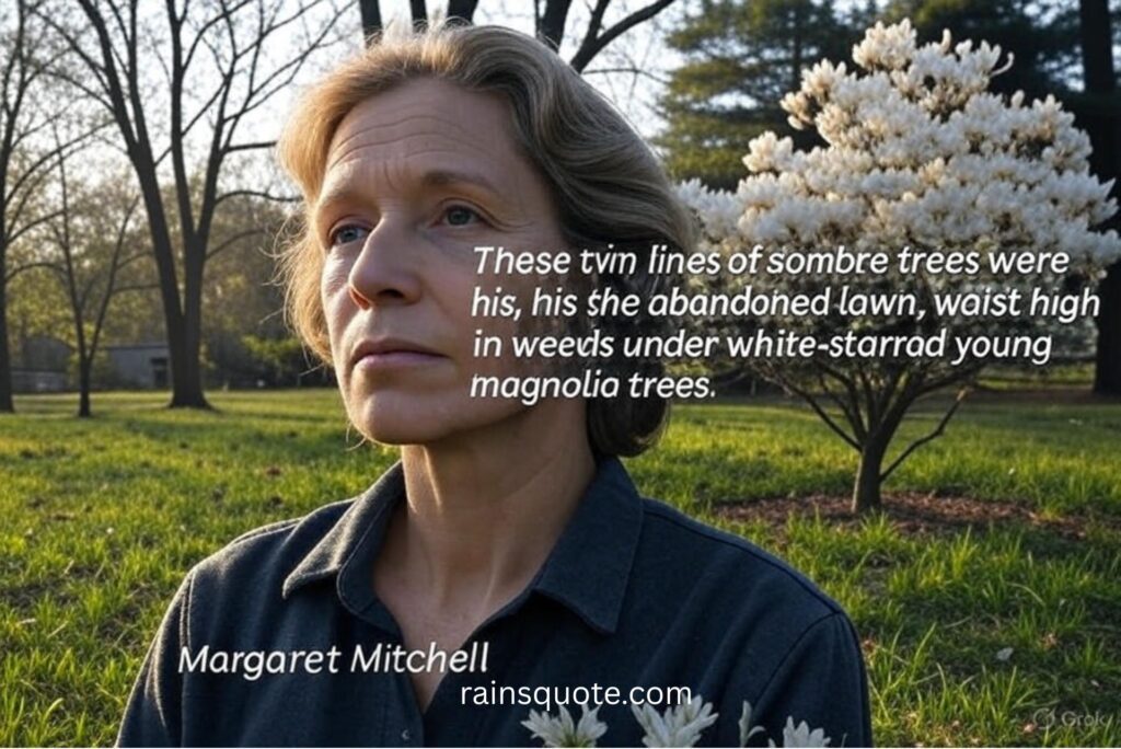 “These twin lines of somber trees were his, his the abandoned lawn, waist high in weeds under white-starred young magnolia trees.”