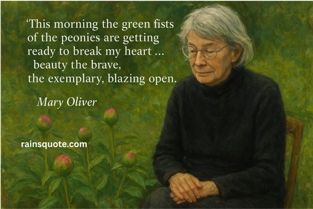 “This morning the green fists of the peonies are getting ready to break my heart … beauty the brave, the exemplary, blazing open.”