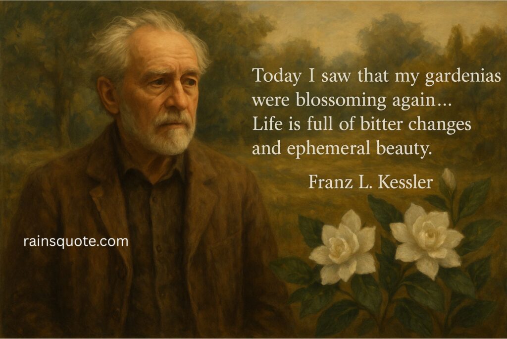 “Today I saw that my gardenias were blossoming again… Life is full of bitter changes and ephemeral beauty.”