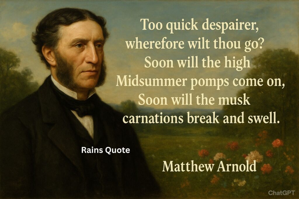 “Too quick despairer, wherefore wilt thou go? Soon will the high Midsummer pomps come on, Soon will the musk carnations break and swell.”