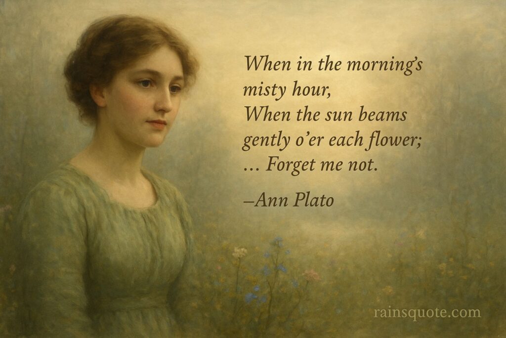 “When in the morning’s misty hour, When the sun beams gently o’er each flower; … Forget me not.”