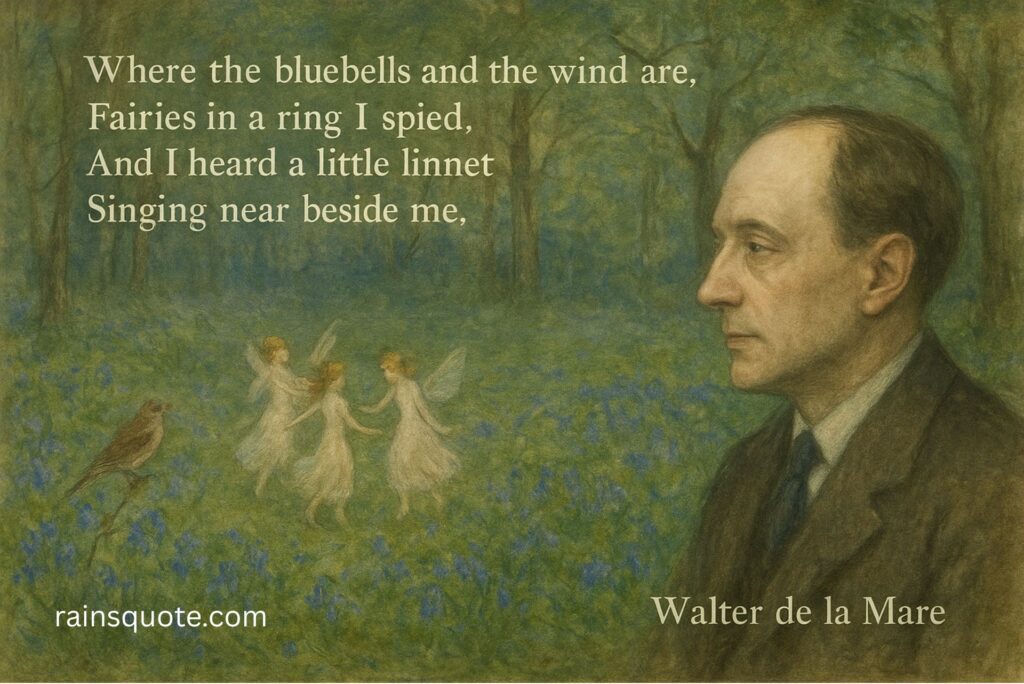 “Where the bluebells and the wind are,
Fairies in a ring I spied,
And I heard a little linnet
Singing near beside me.”