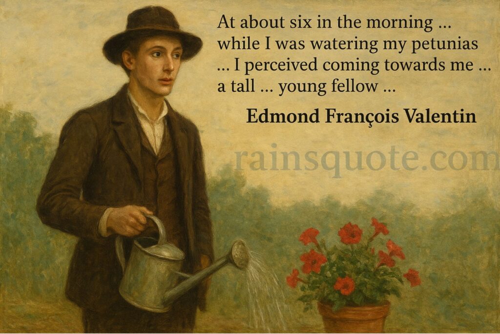 “At about six in the morning … while I was watering my petunias … I perceived coming towards me … a tall … young fellow …”