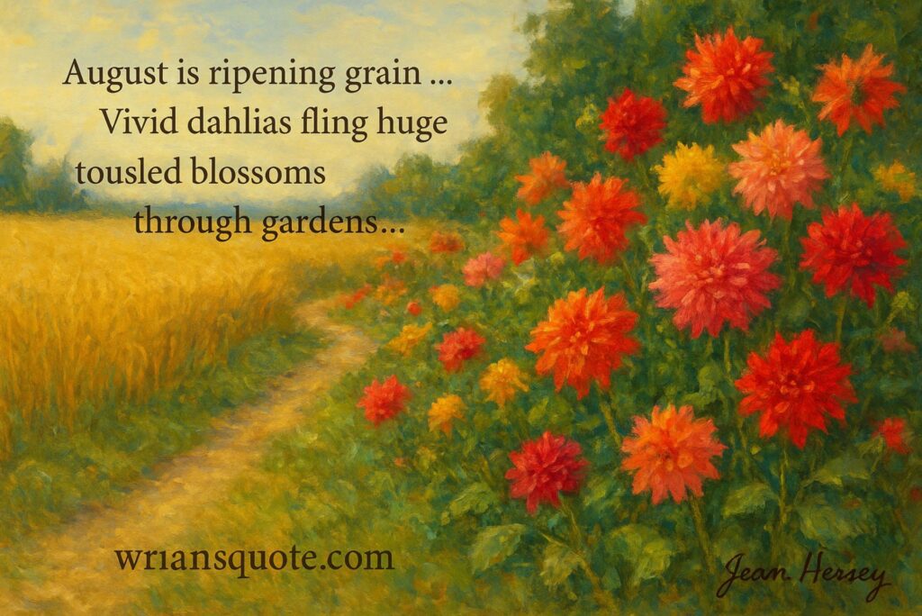 “August is ripening grain … Vivid dahlias fling huge tousled blossoms through gardens …”