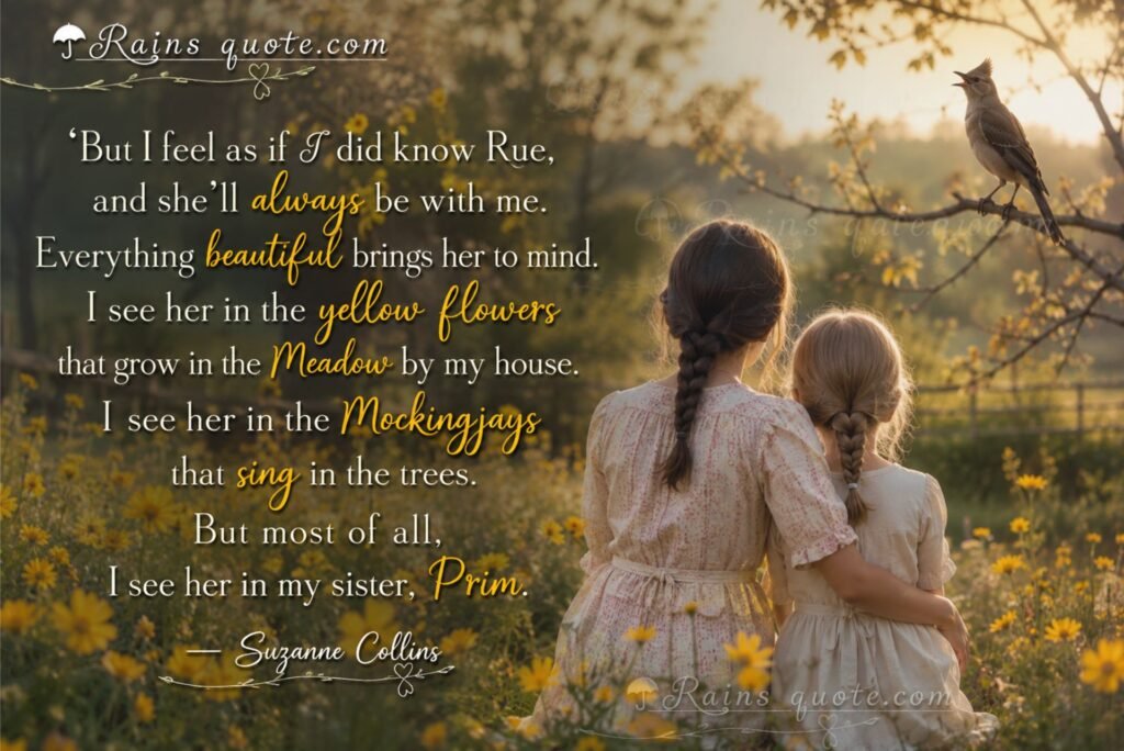 “But I feel as if I did know Rue, and she'll always be with me. Everything beautiful brings her to mind. I see her in the yellow flowers that grow in the Meadow by my house. I see her in the Mockingjays that sing in the trees. But most of all, I see her in my sister, Prim.”