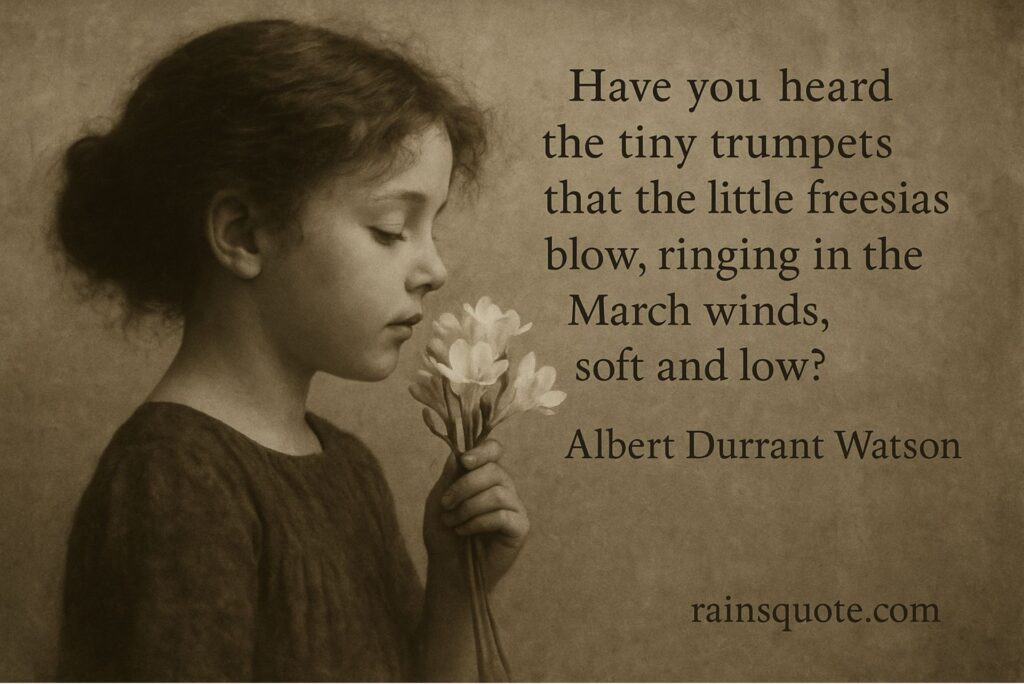 “Have you heard the tiny trumpets that the little freesias blow, ringing in the March winds, soft and low?”